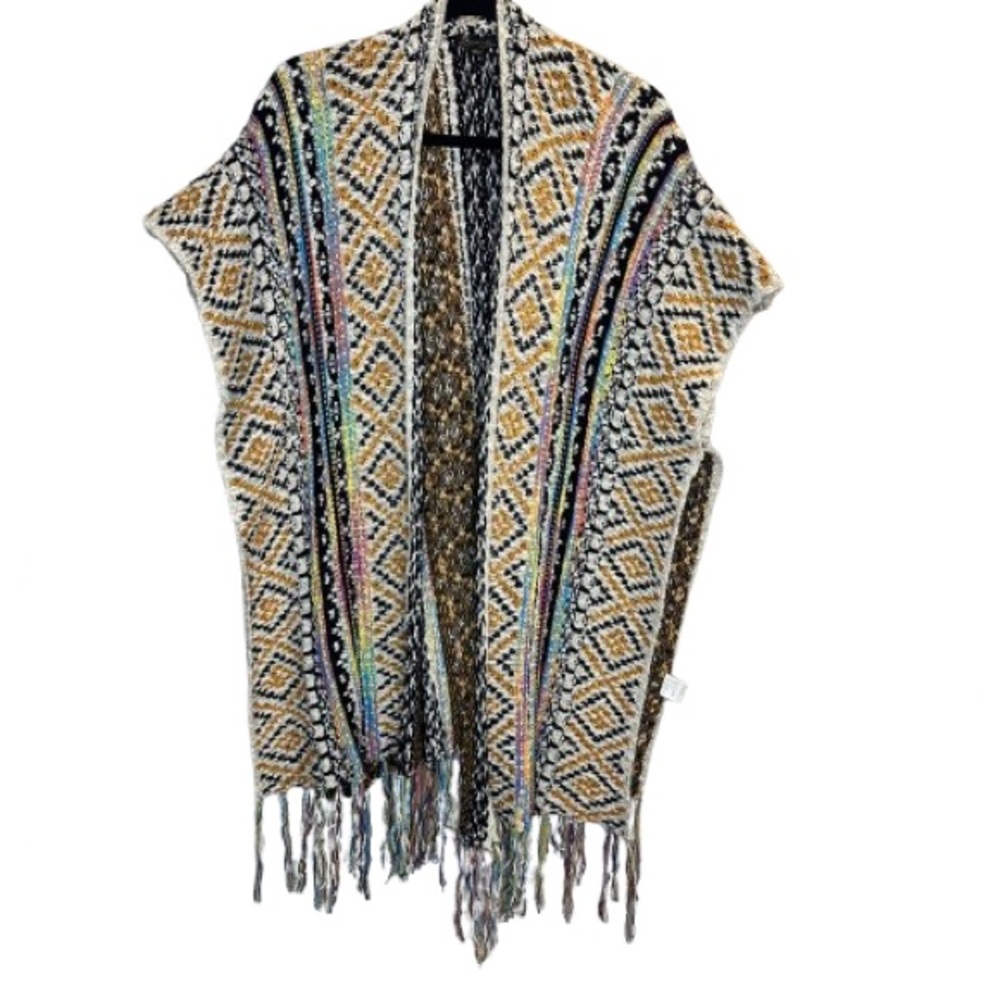 BACIANO By Bacci Open Front Cardigan Sweater Fringe Southwest Ruana Multicolor S